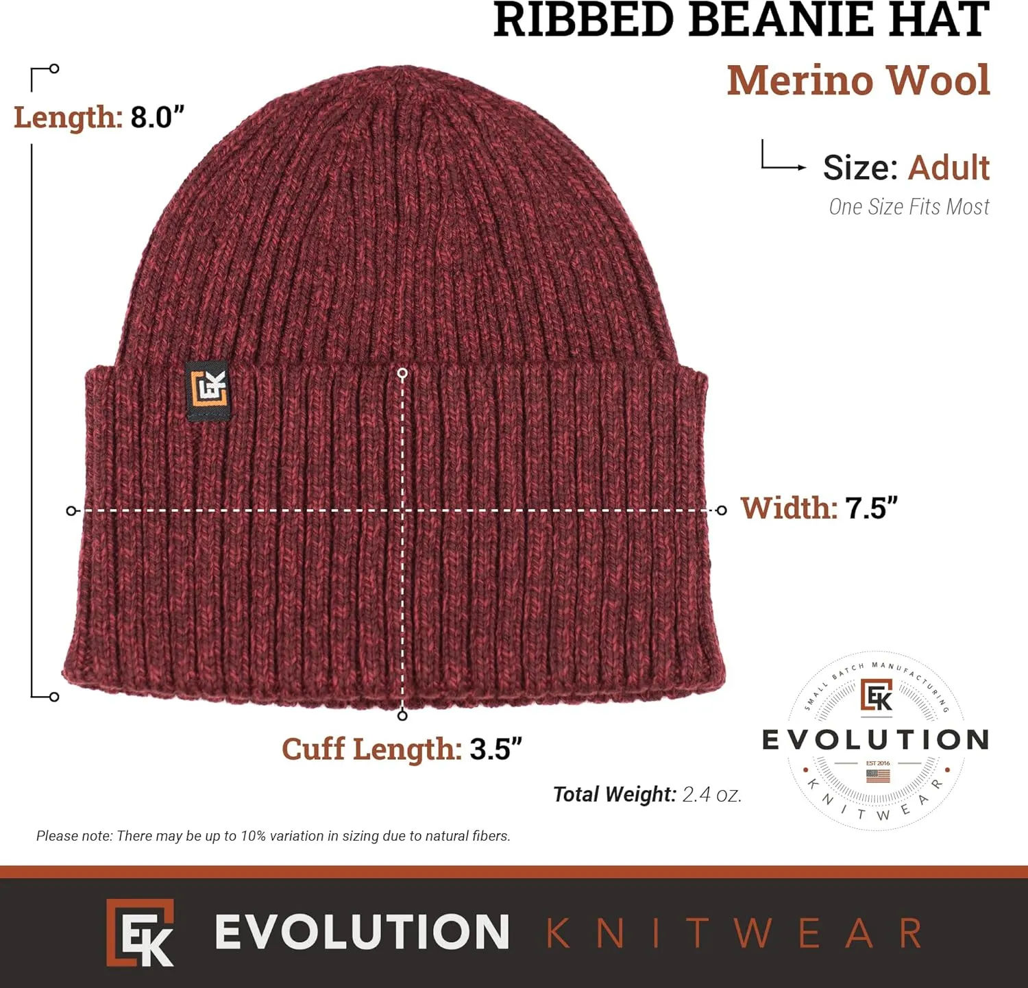 Evolution Knitwear Wool Rib Knit Beanie Hat for Men or Women - Super Soft Merino Wool - Made in The USA