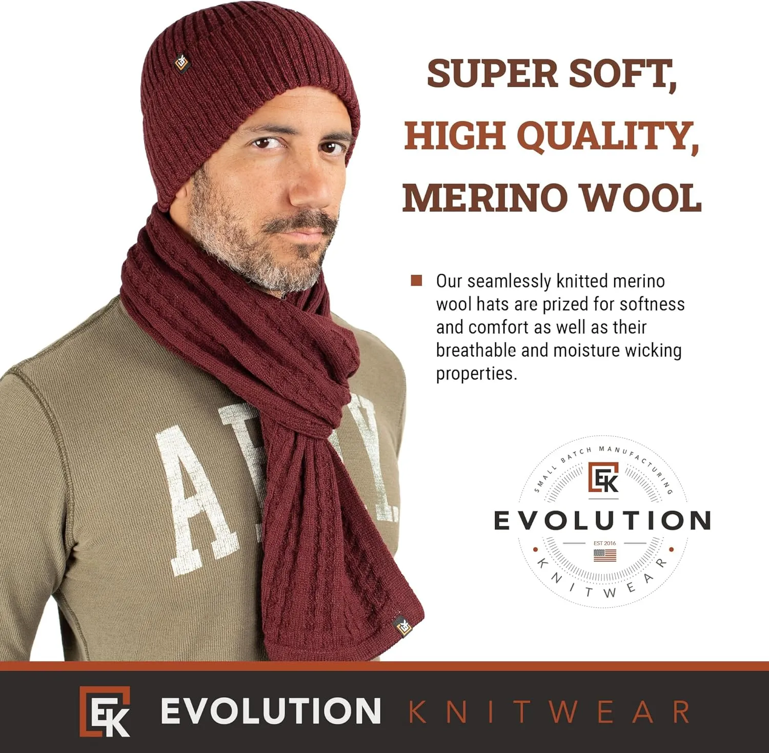 Evolution Knitwear Wool Rib Knit Beanie Hat for Men or Women - Super Soft Merino Wool - Made in The USA