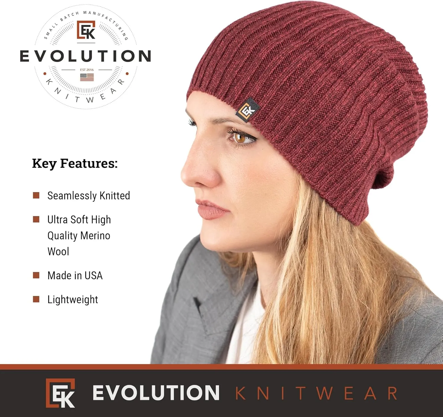 Evolution Knitwear Wool Rib Knit Beanie Hat for Men or Women - Super Soft Merino Wool - Made in The USA