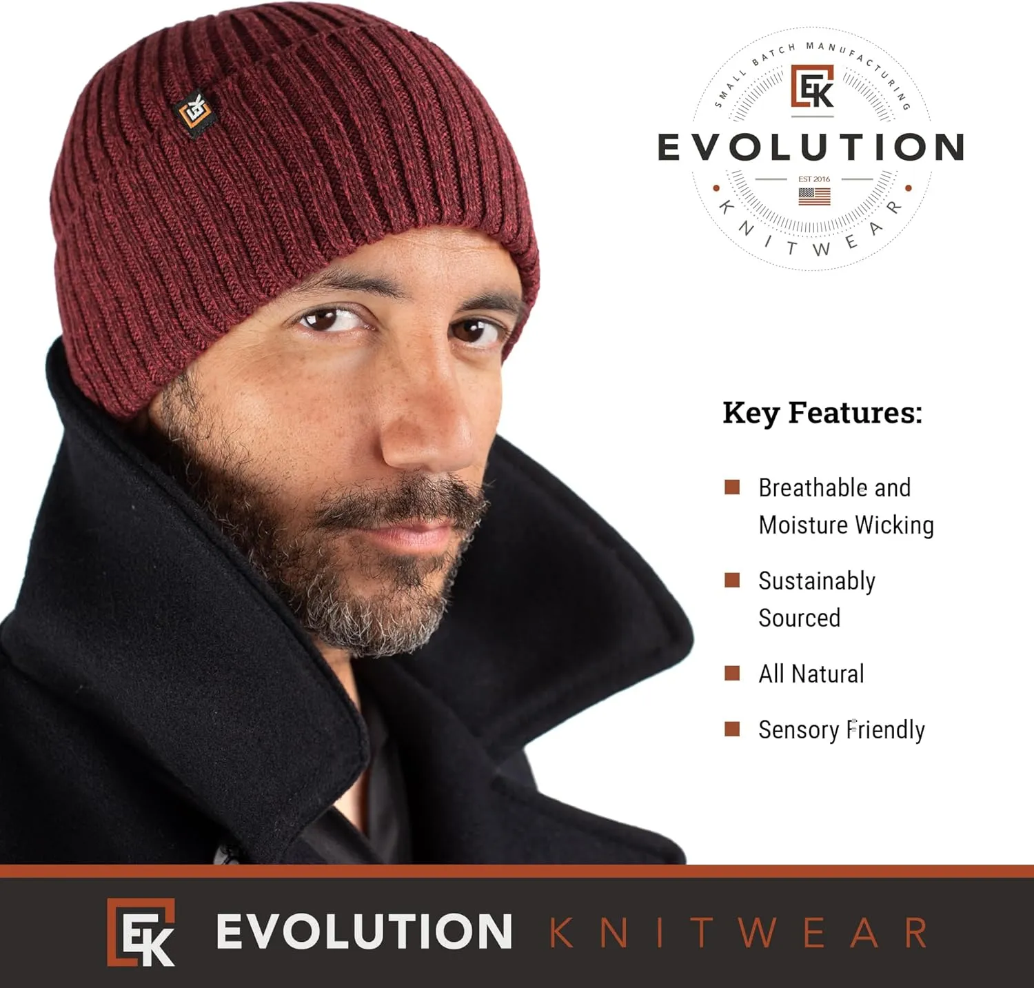 Evolution Knitwear Wool Rib Knit Beanie Hat for Men or Women - Super Soft Merino Wool - Made in The USA