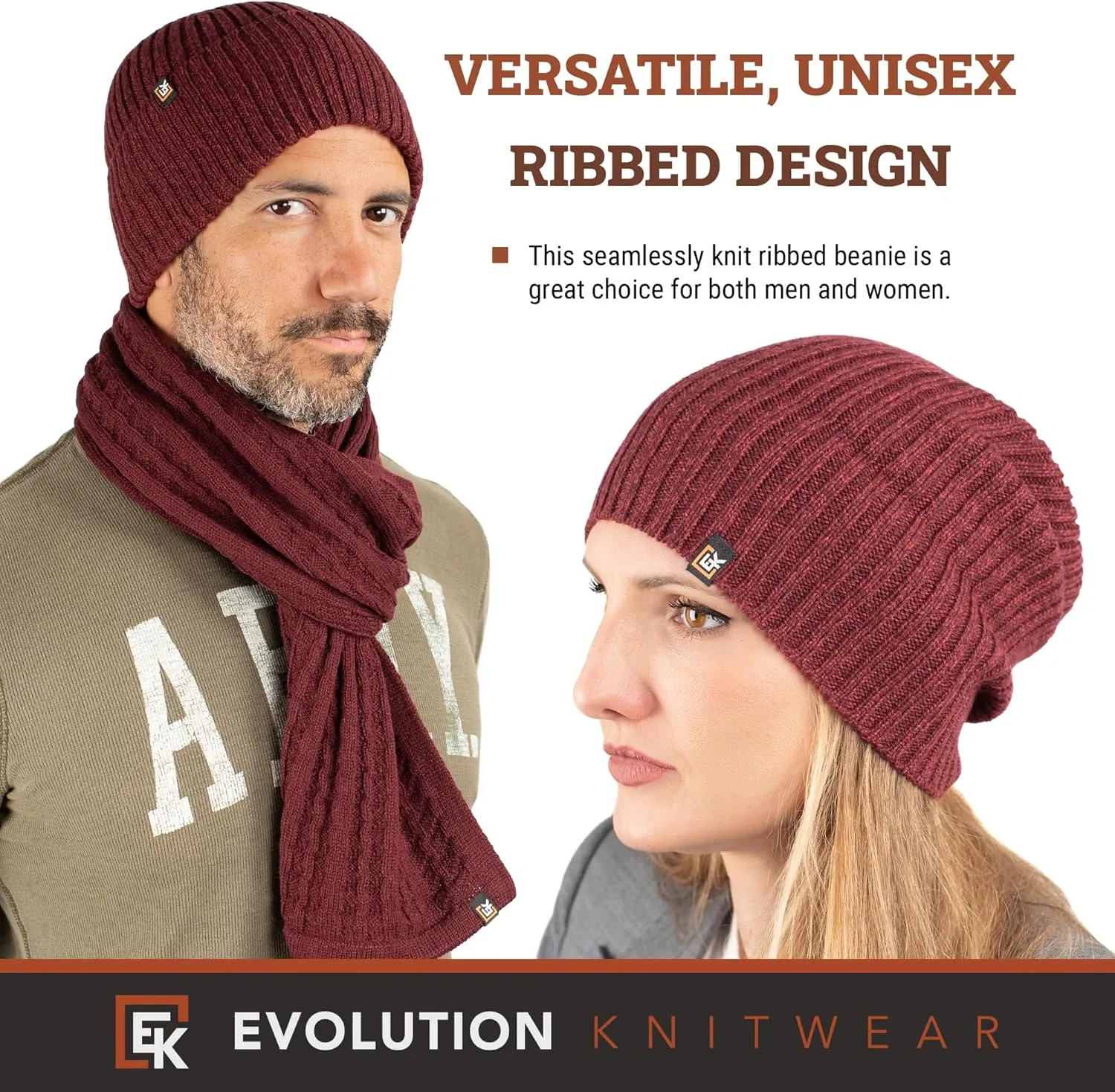 Evolution Knitwear Wool Rib Knit Beanie Hat for Men or Women - Super Soft Merino Wool - Made in The USA