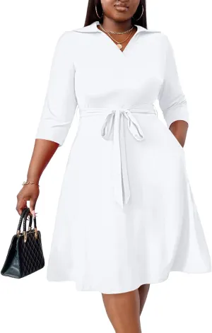 FANDEE Plus Size Midi Dress for Women - Printing Summer Dresses for Wedding Guest Cocktail Party 3/4 Sleeve V NeckXL-5XL