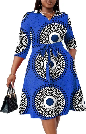 FANDEE Plus Size Midi Dress for Women - Printing Summer Dresses for Wedding Guest Cocktail Party 3/4 Sleeve V NeckXL-5XL