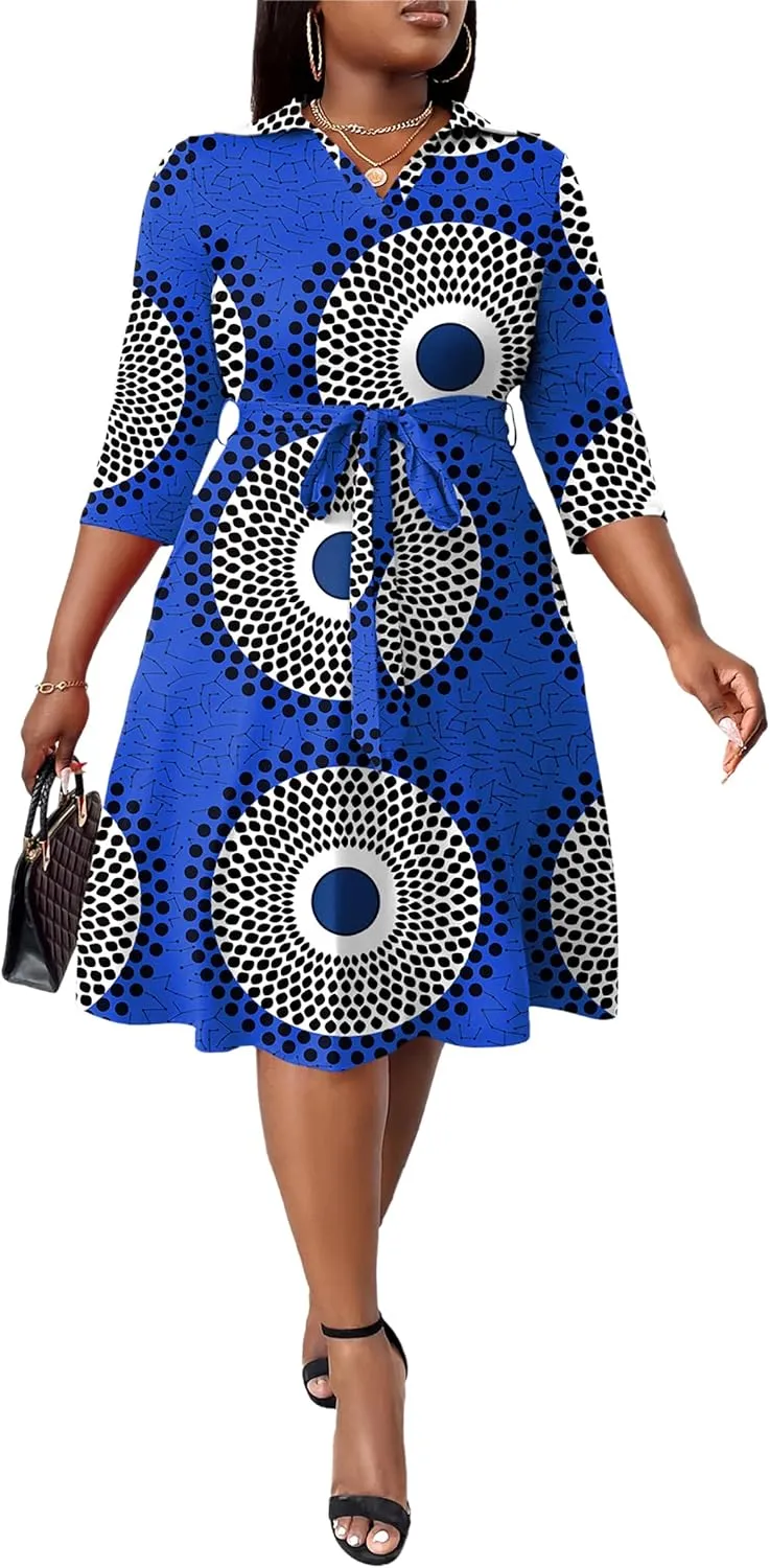 FANDEE Plus Size Midi Dress for Women - Printing Summer Dresses for Wedding Guest Cocktail Party 3/4 Sleeve V NeckXL-5XL
