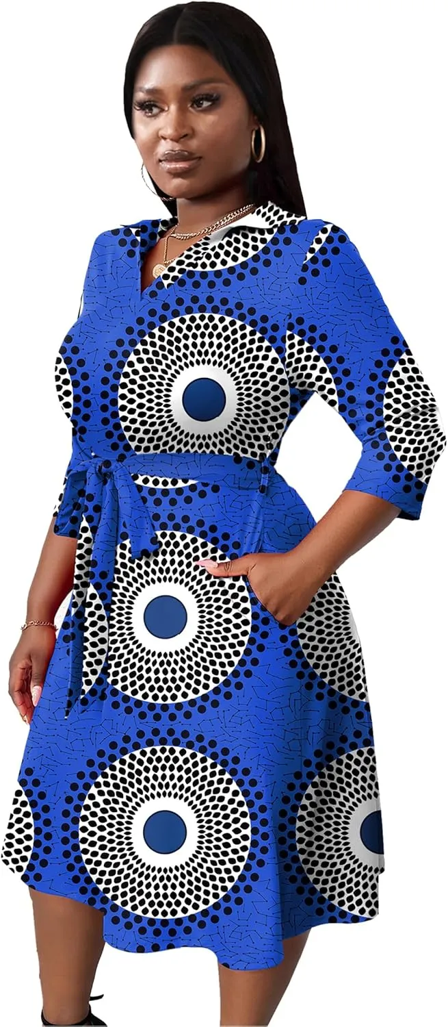 FANDEE Plus Size Midi Dress for Women - Printing Summer Dresses for Wedding Guest Cocktail Party 3/4 Sleeve V NeckXL-5XL