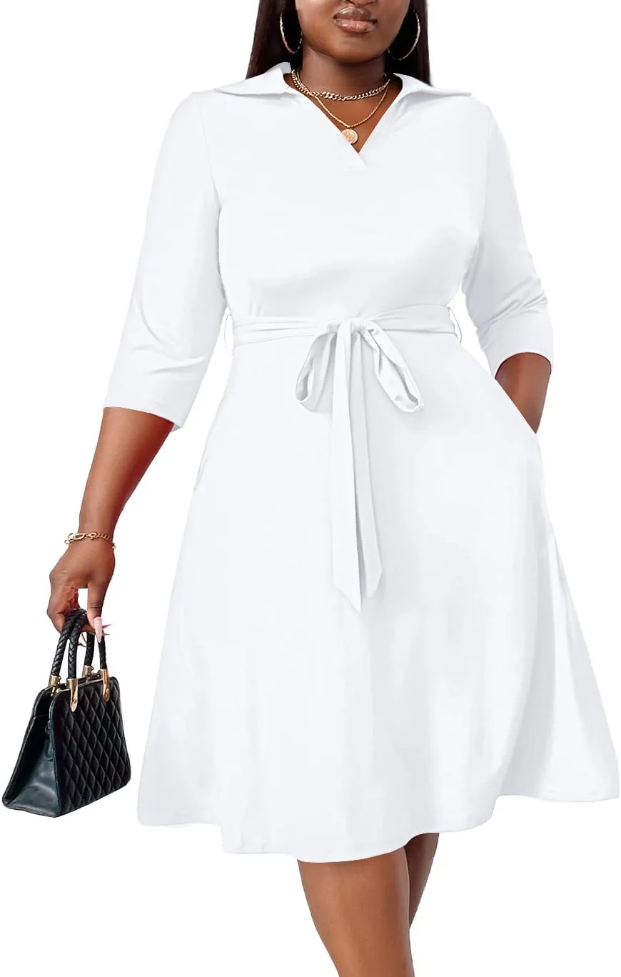 FANDEE Plus Size Midi Dress for Women - Printing Summer Dresses for Wedding Guest Cocktail Party 3/4 Sleeve V NeckXL-5XL