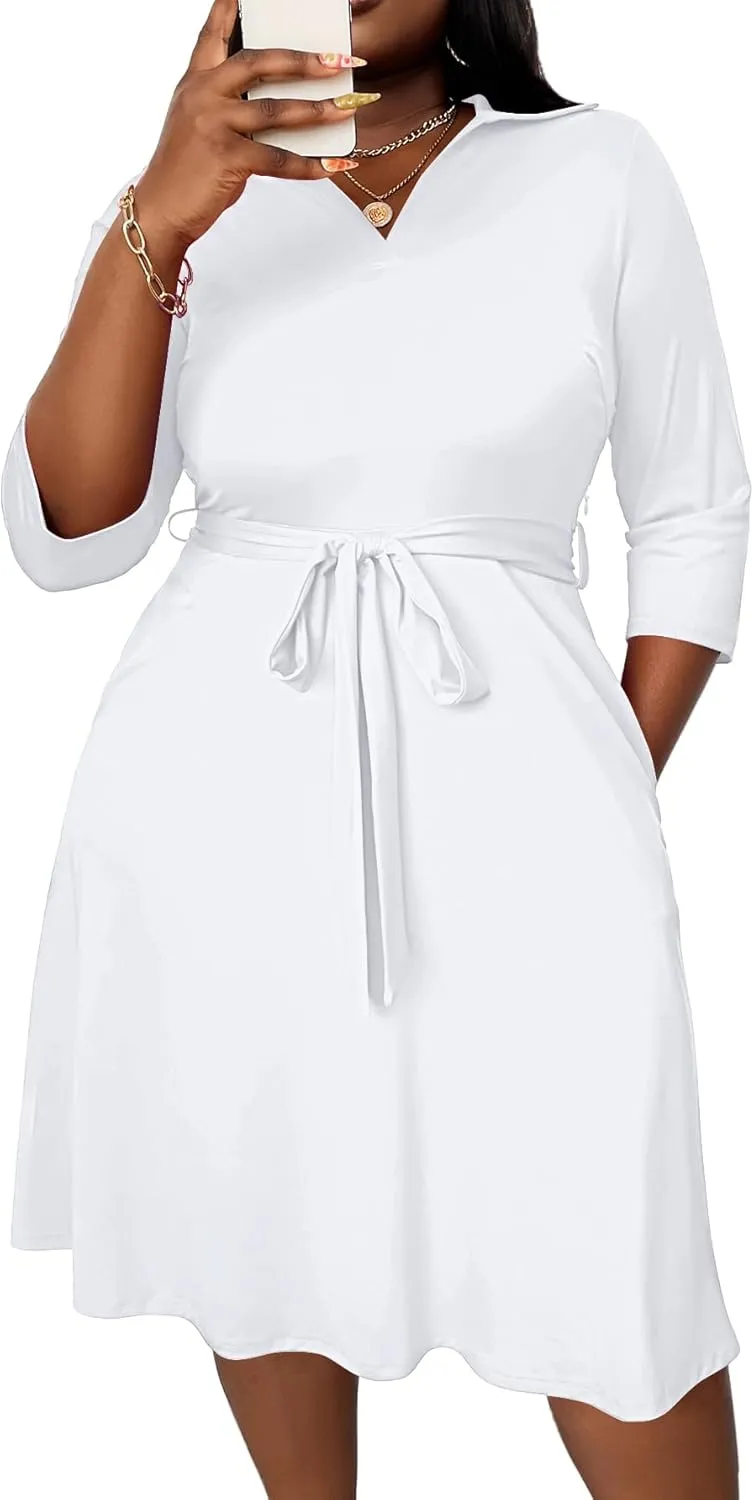 FANDEE Plus Size Midi Dress for Women - Printing Summer Dresses for Wedding Guest Cocktail Party 3/4 Sleeve V NeckXL-5XL