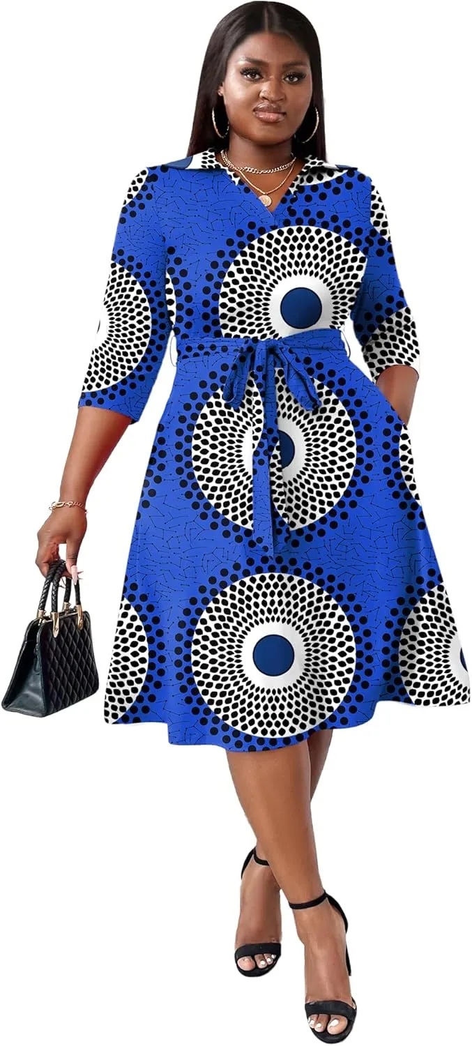 FANDEE Plus Size Midi Dress for Women - Printing Summer Dresses for Wedding Guest Cocktail Party 3/4 Sleeve V NeckXL-5XL