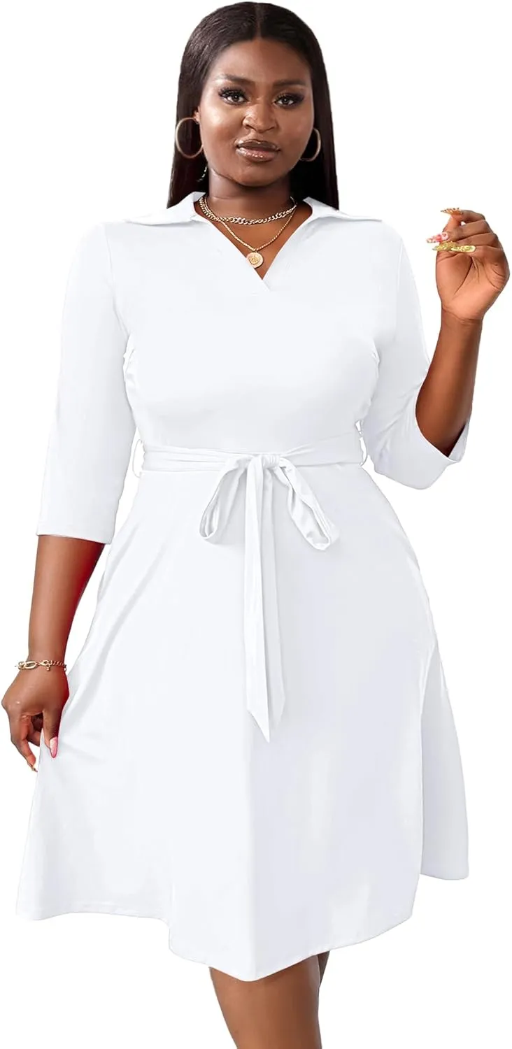 FANDEE Plus Size Midi Dress for Women - Printing Summer Dresses for Wedding Guest Cocktail Party 3/4 Sleeve V NeckXL-5XL