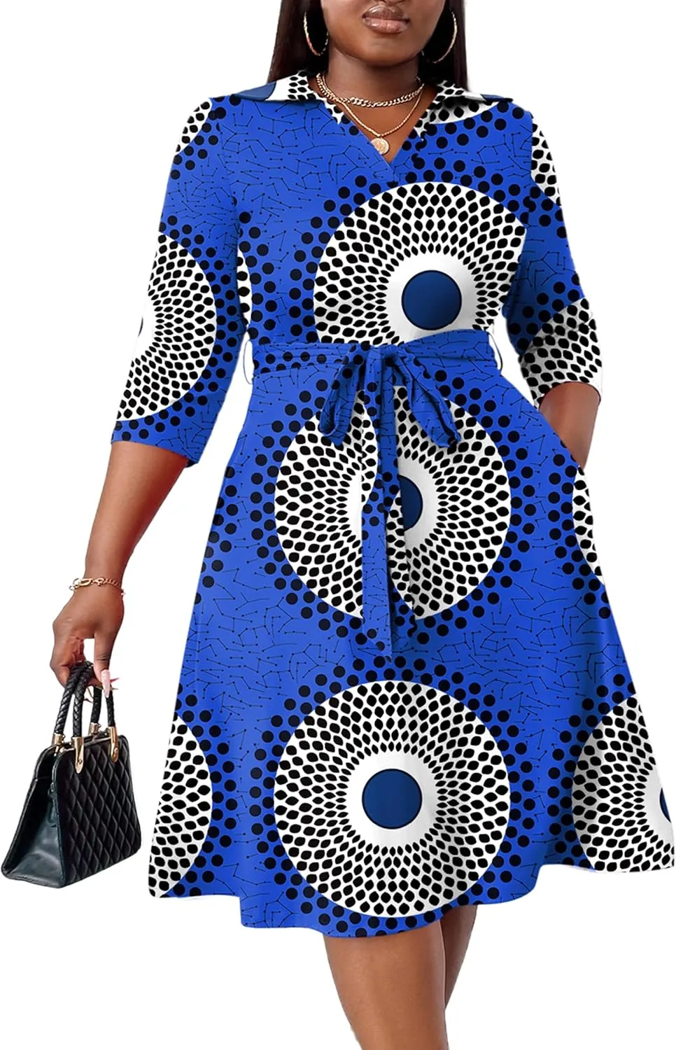 FANDEE Plus Size Midi Dress for Women - Printing Summer Dresses for Wedding Guest Cocktail Party 3/4 Sleeve V NeckXL-5XL