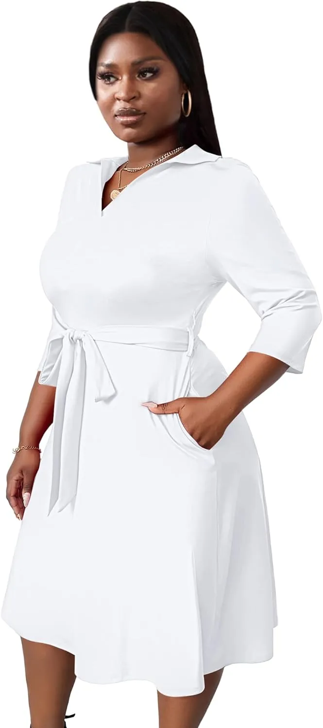 FANDEE Plus Size Midi Dress for Women - Printing Summer Dresses for Wedding Guest Cocktail Party 3/4 Sleeve V NeckXL-5XL