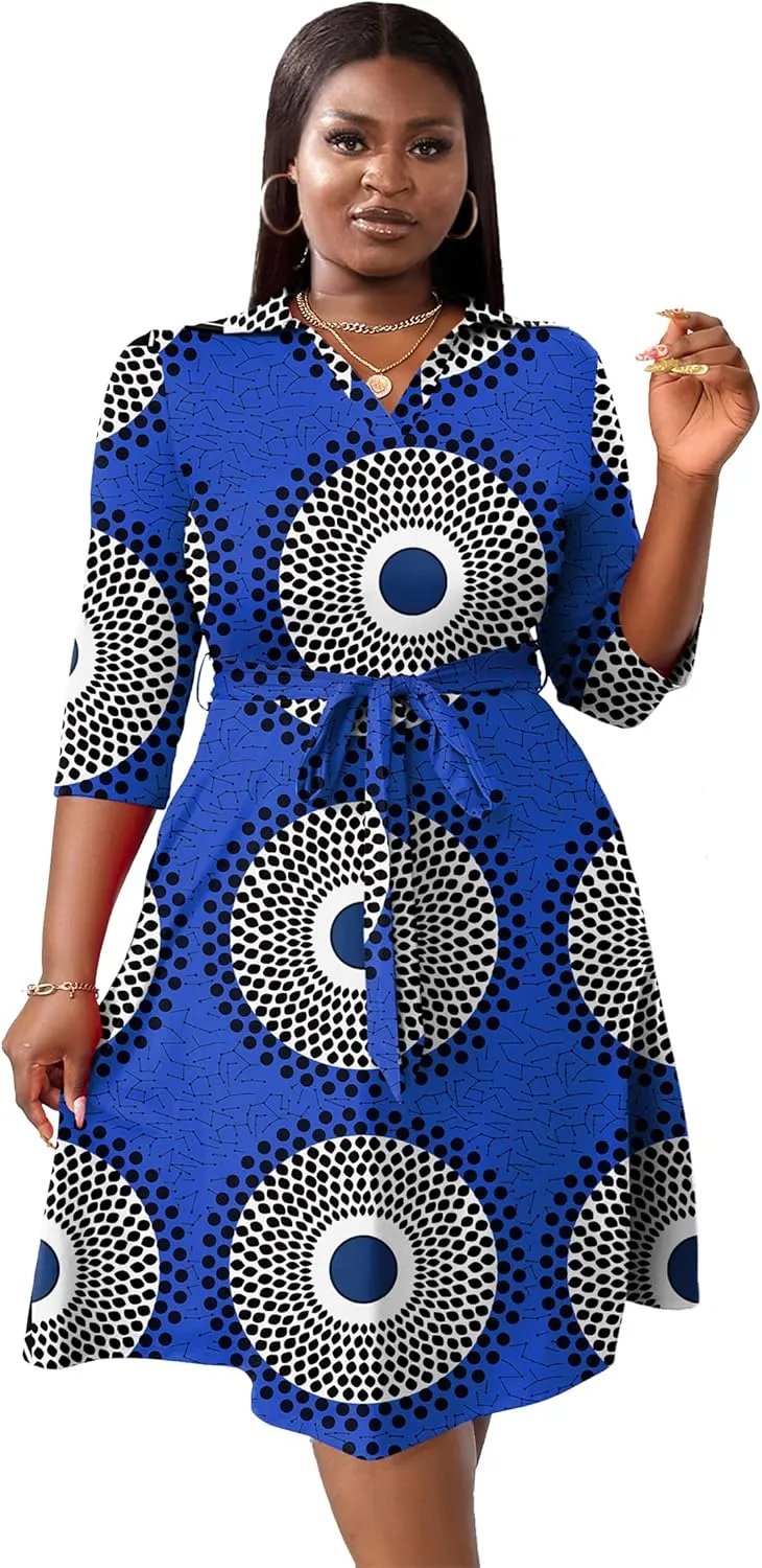 FANDEE Plus Size Midi Dress for Women - Printing Summer Dresses for Wedding Guest Cocktail Party 3/4 Sleeve V NeckXL-5XL