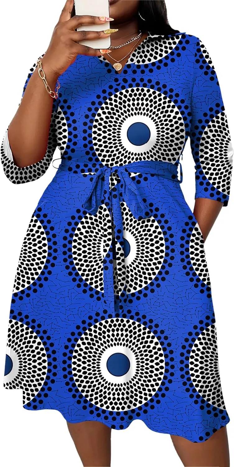 FANDEE Plus Size Midi Dress for Women - Printing Summer Dresses for Wedding Guest Cocktail Party 3/4 Sleeve V NeckXL-5XL