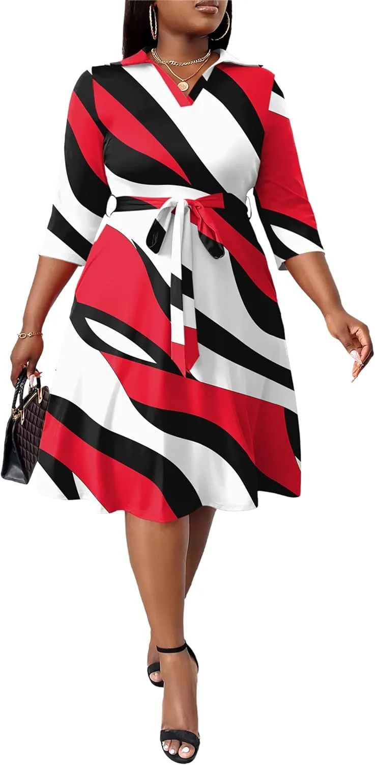 FANDEE Plus Size Midi Dress for Women - Printing Summer Dresses for Wedding Guest Cocktail Party 3/4 Sleeve V NeckXL-5XL