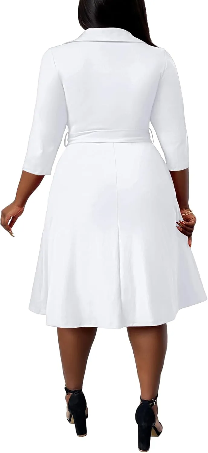 FANDEE Plus Size Midi Dress for Women - Printing Summer Dresses for Wedding Guest Cocktail Party 3/4 Sleeve V NeckXL-5XL