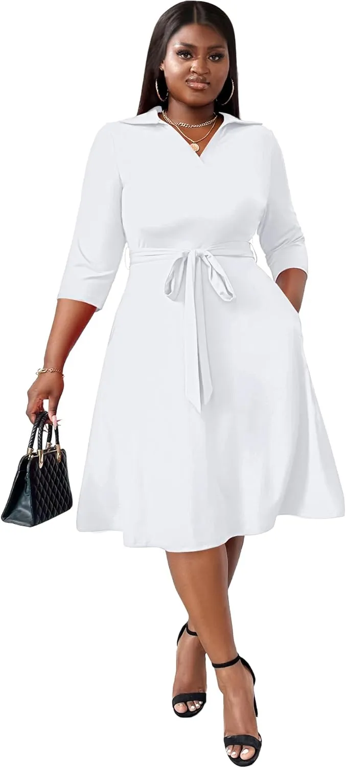 FANDEE Plus Size Midi Dress for Women - Printing Summer Dresses for Wedding Guest Cocktail Party 3/4 Sleeve V NeckXL-5XL