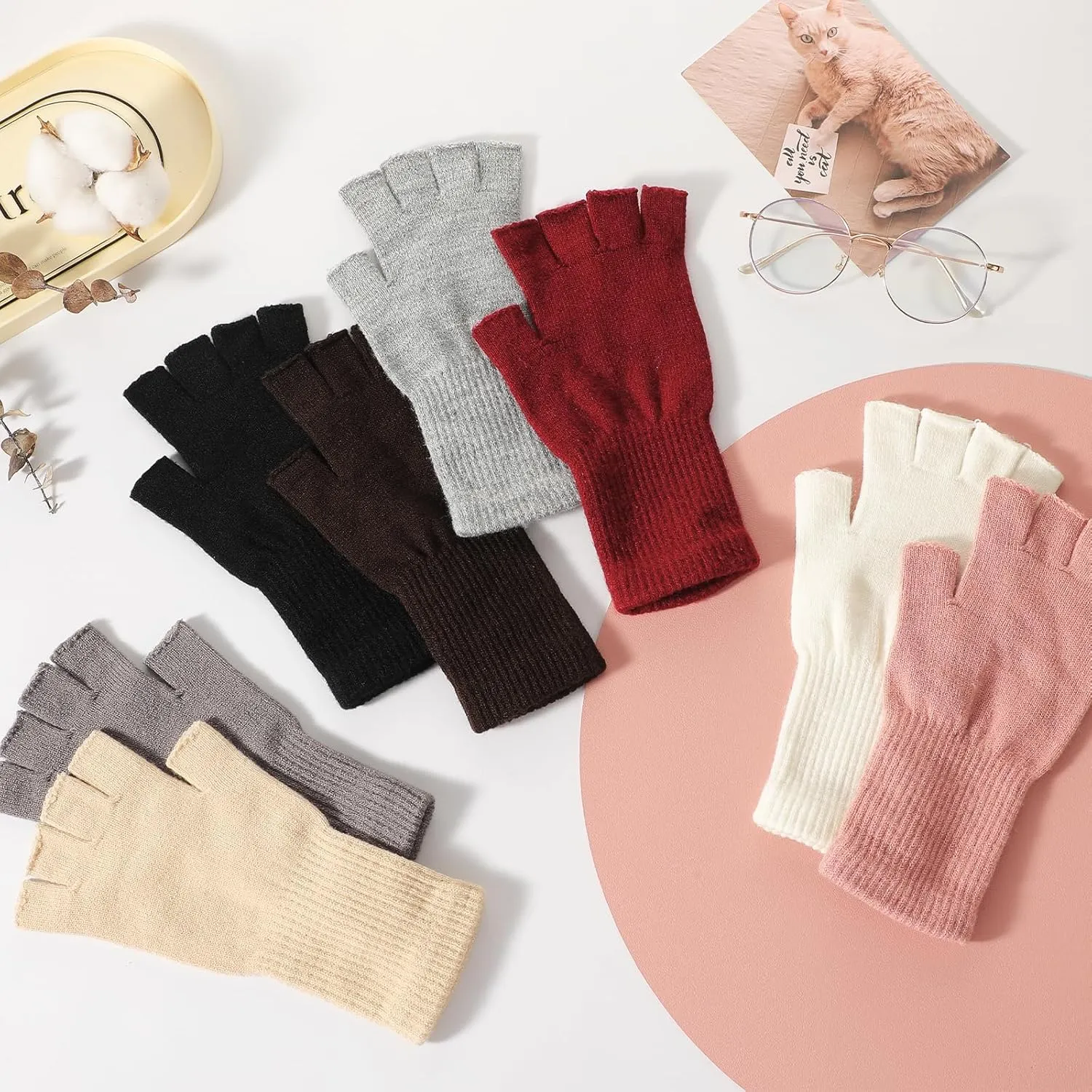 Fingerless Gloves for Women - Half Finger Typing Winter Gloves with Long Wrist Cuff Winter Knit Fingerless Mittens for Women