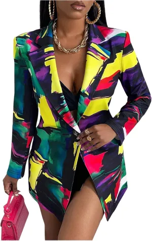 Floerns Women's Casual Long Sleeve Graphic Colorful Blazer Work Suit Jackets