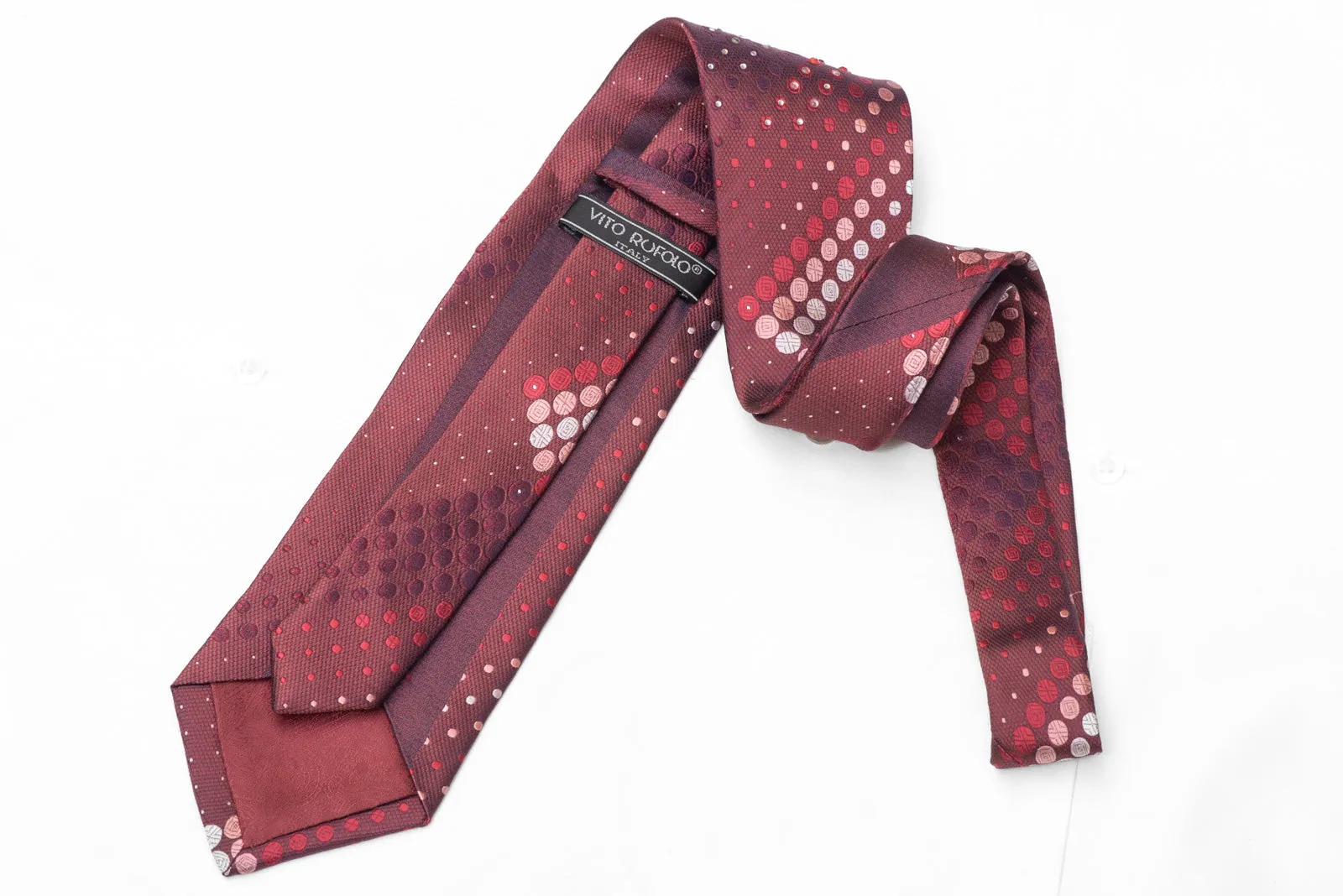Geometric Circles On Burgundy Rhinestone Silk Necktie