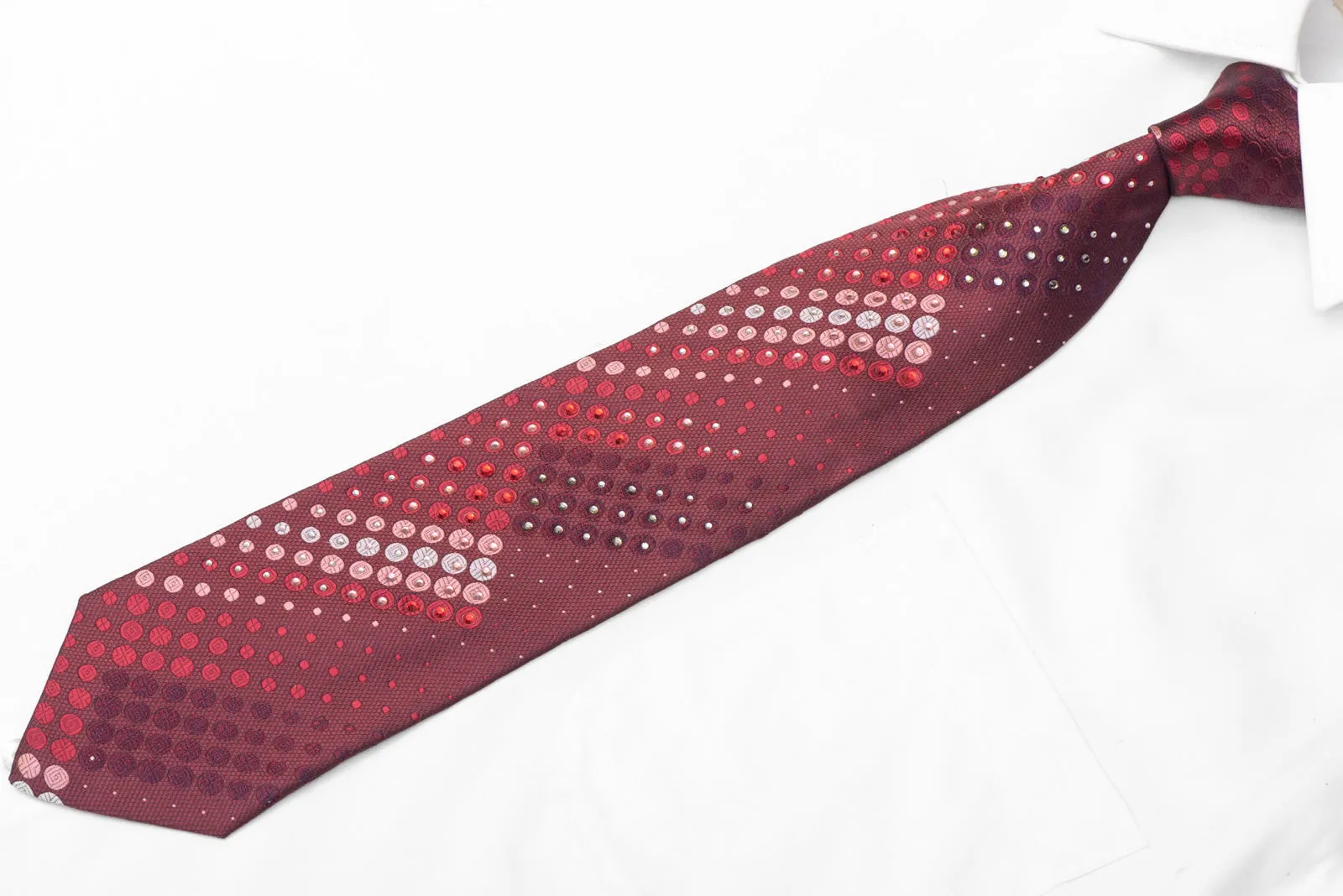 Geometric Circles On Burgundy Rhinestone Silk Necktie