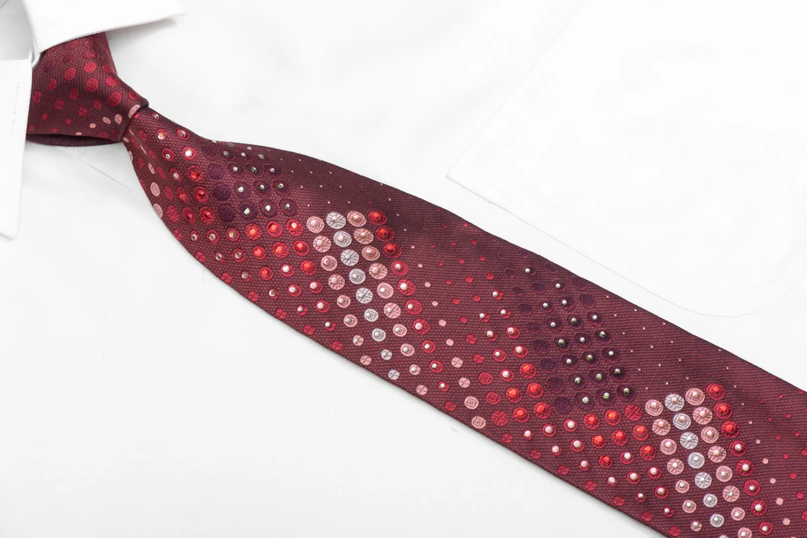 Geometric Circles On Burgundy Rhinestone Silk Necktie