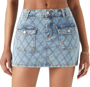 GOBLES Women's Sexy Low Rise High Stretch Slim Fit Mini Denim Skirts with Pockets
