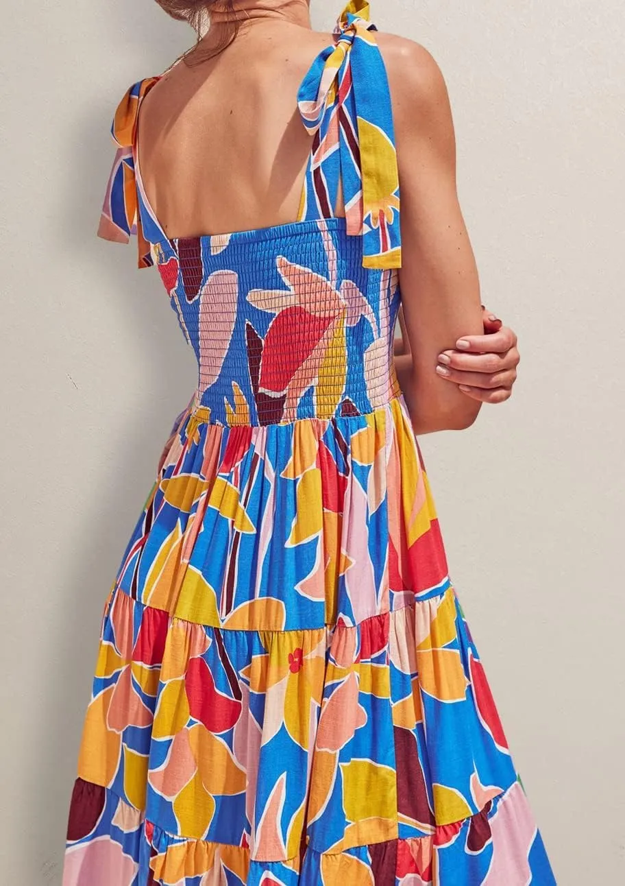 Gothden Summer Boho Midi Dress for Women's Square Neck Ruffle Tiered Flowy Smocked Sundress