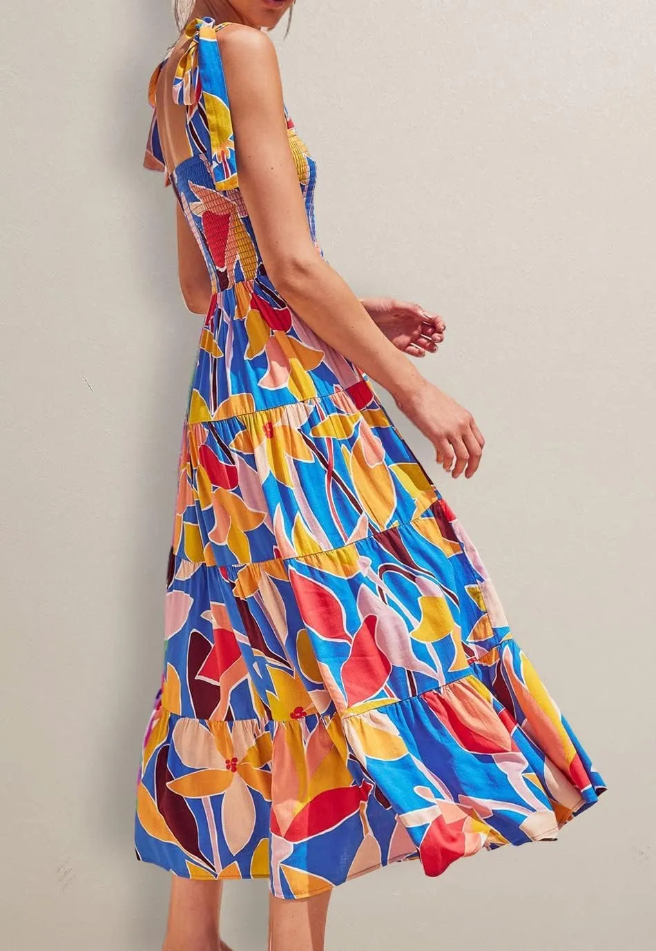 Gothden Summer Boho Midi Dress for Women's Square Neck Ruffle Tiered Flowy Smocked Sundress