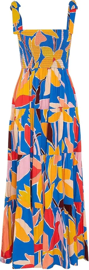 Gothden Summer Boho Midi Dress for Women's Square Neck Ruffle Tiered Flowy Smocked Sundress