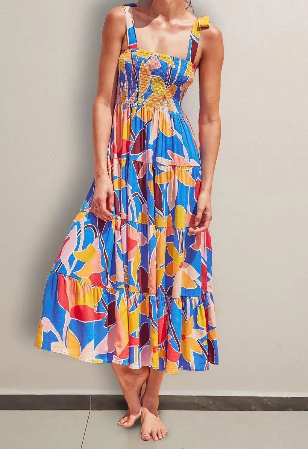 Gothden Summer Boho Midi Dress for Women's Square Neck Ruffle Tiered Flowy Smocked Sundress