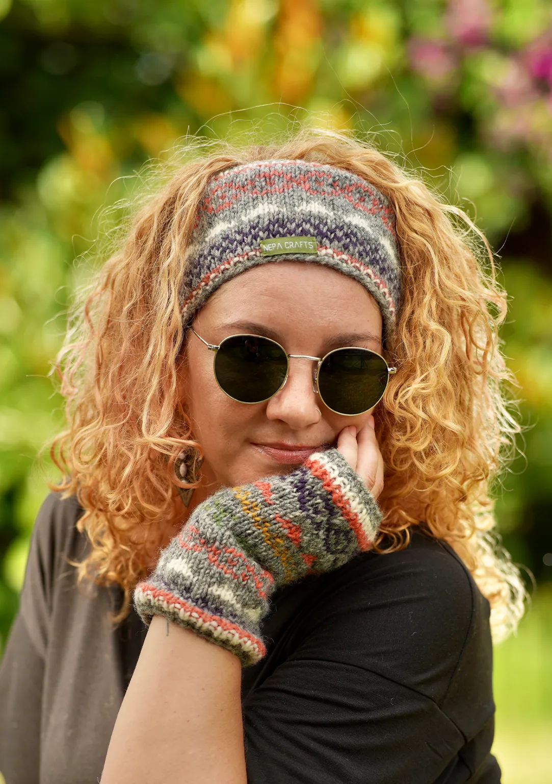 Grey Multicolor Pure Wool Winter Sherpa Head Band with Inner Fleece
