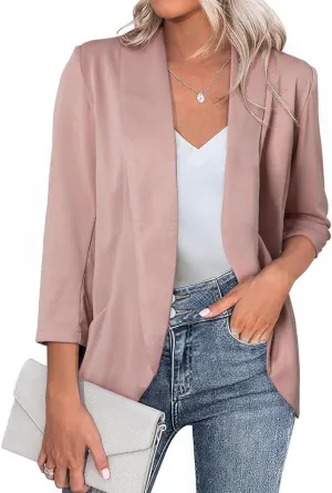 Happy Sailed Blazer Jackets for Women Open Front 3/4 Sleeve Work Office Suits Spring Summer Fashion 2025 Pink Small