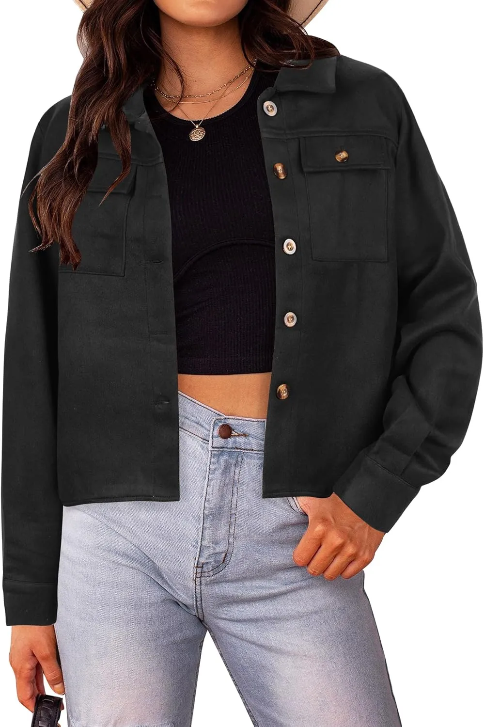 HOTOUCH Women Fashion Cropped Shacket Button Down Trendy Shacket Jackets Casual Long Sleeve Crop Shirts Jackets Tops