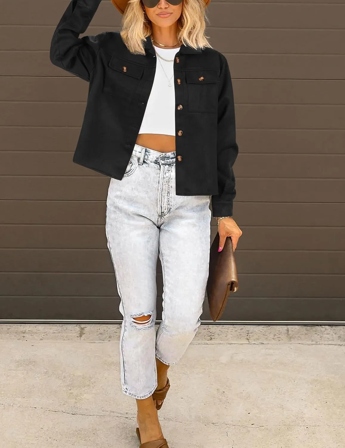HOTOUCH Women Fashion Cropped Shacket Button Down Trendy Shacket Jackets Casual Long Sleeve Crop Shirts Jackets Tops