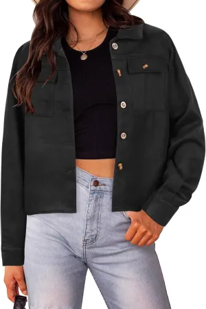 HOTOUCH Women Fashion Cropped Shacket Button Down Trendy Shacket Jackets Casual Long Sleeve Crop Shirts Jackets Tops
