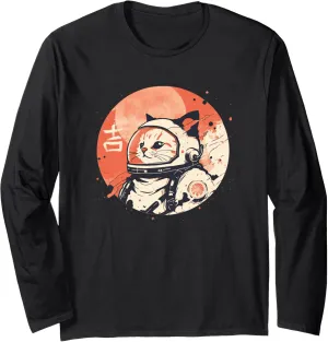 Japanese Minimalist 1950s Retro Space Cat Good Luck Kanji Long Sleeve T-Shirt