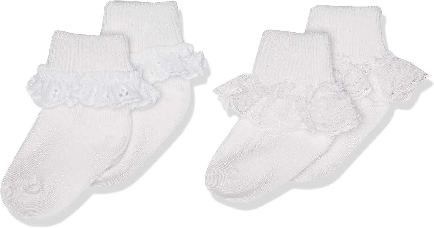 Jefferies Socks 2 Pack Eyelet Lace Trim And Lace Trim Sock - White/White