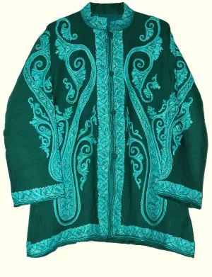 Kashmiri Woolen Jacket Green, Tone-Tone Embroidery #AO-031