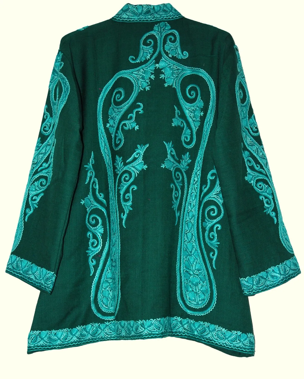 Kashmiri Woolen Jacket Green, Tone-Tone Embroidery #AO-031