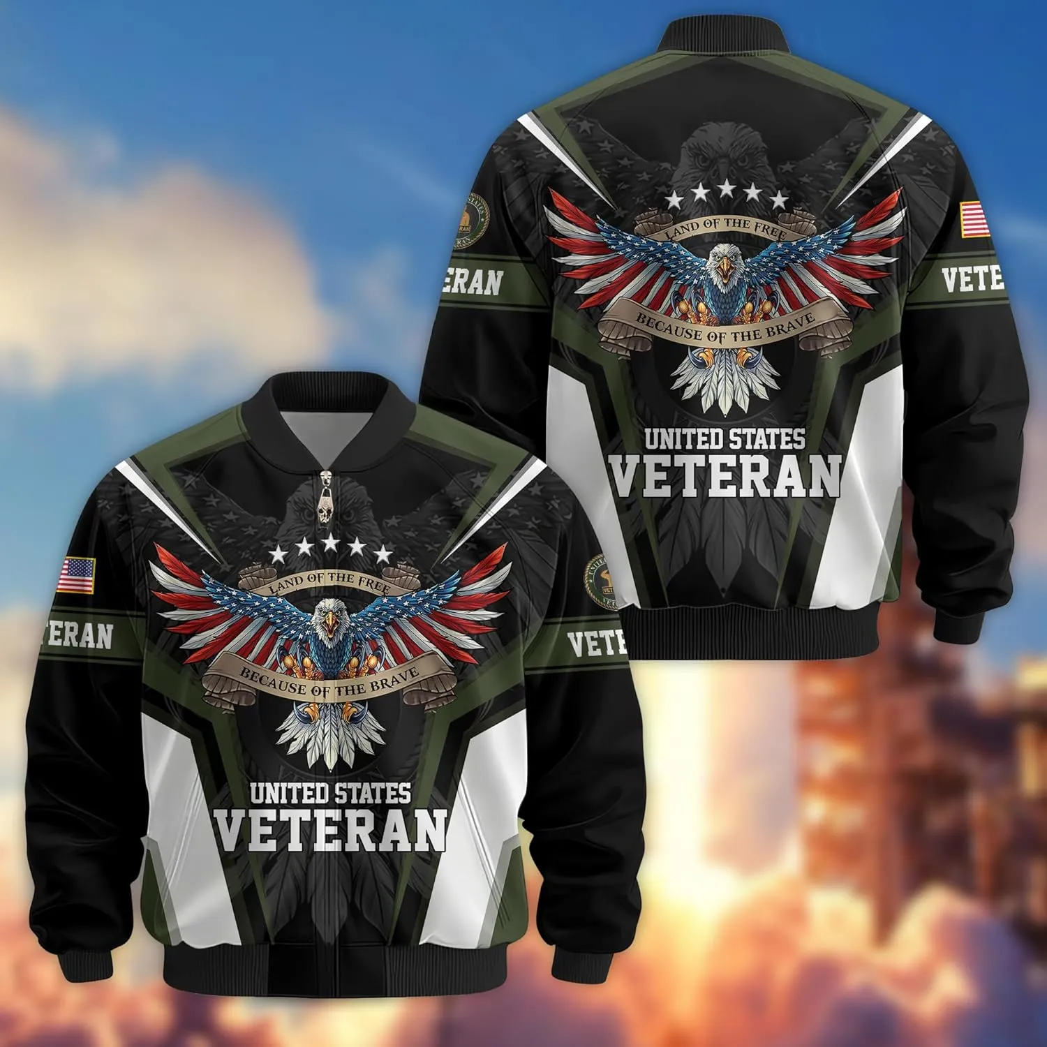 Land Of The Free Vets Jacket Bomber Veterans Jackets, Durable Military Windbreaker Jacket, Patriotic Jackets for Men