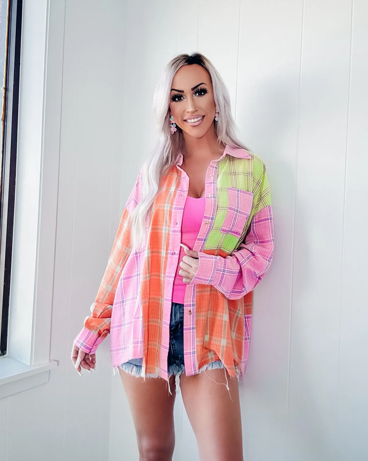 Meadow Bloom Bleach Washed Plaid Shirt - Pink/Lime