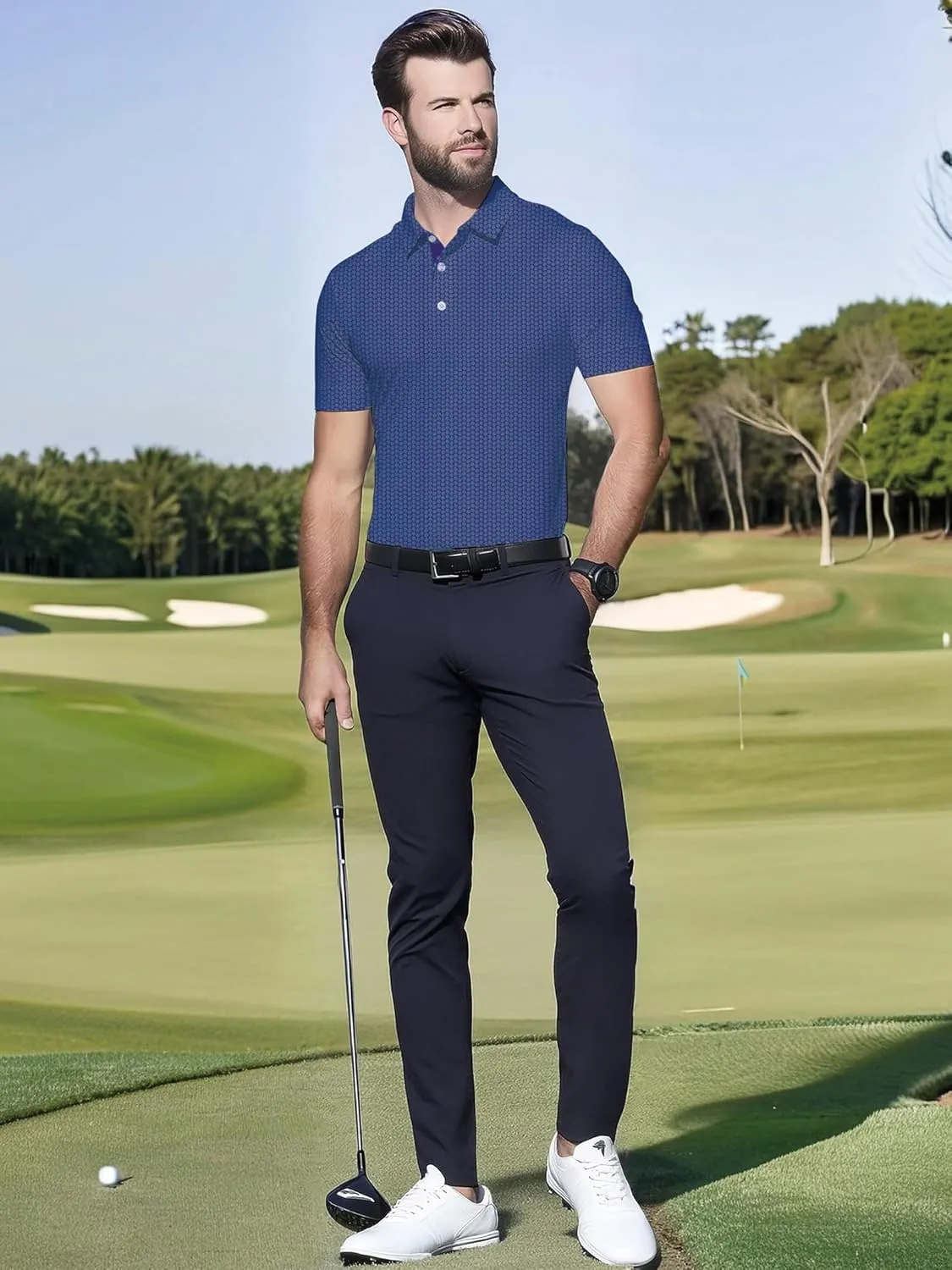 Mens Golf Shirts Short Sleeve Print Dry Fit Moisture Wicking Performance Polo Shirt