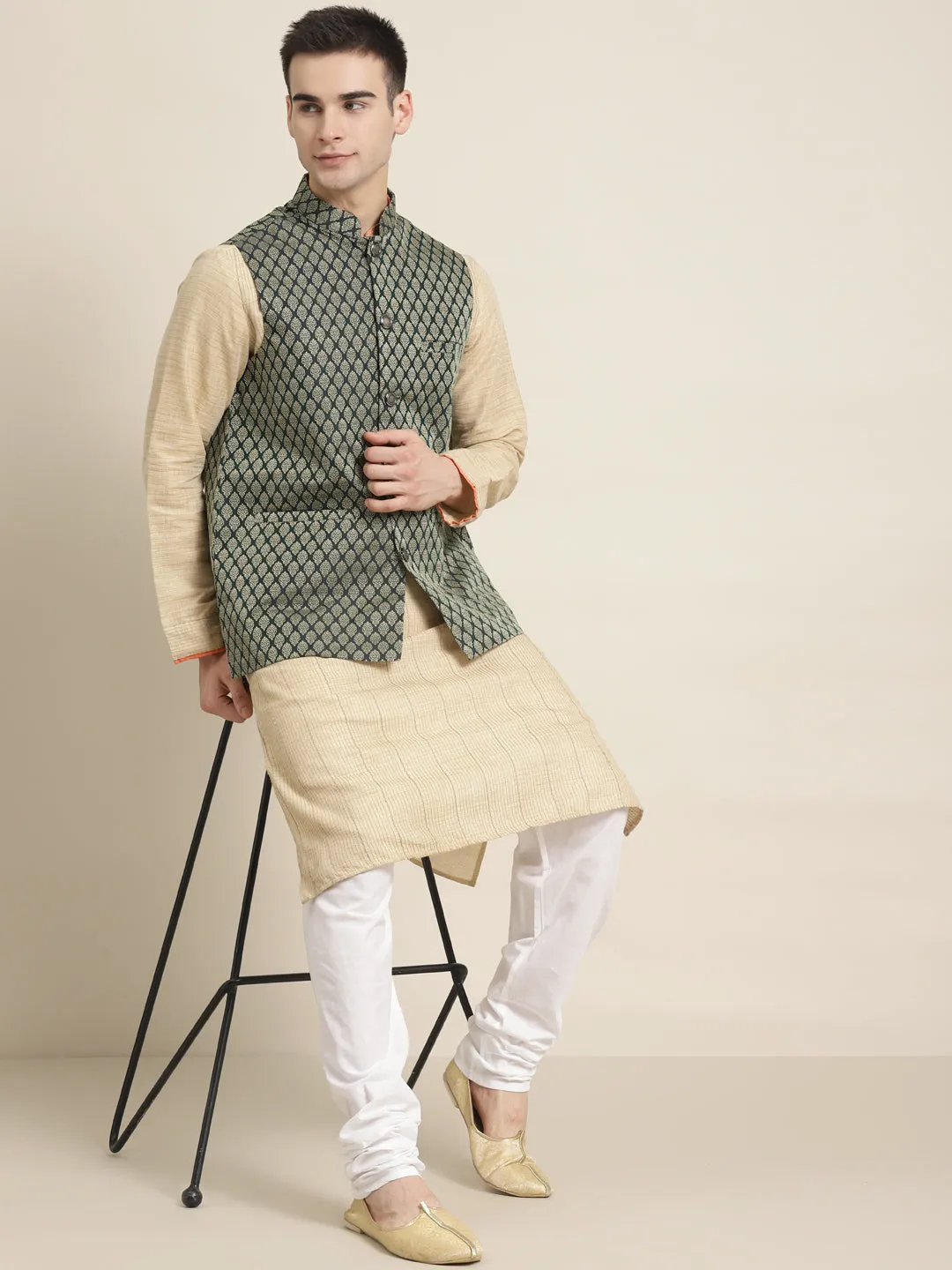 Men's Jacquard Silk Dark Green Self Design ONLY Nehrujacket - Sojanya