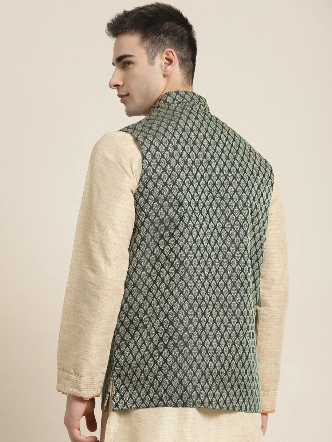 Men's Jacquard Silk Dark Green Self Design ONLY Nehrujacket - Sojanya