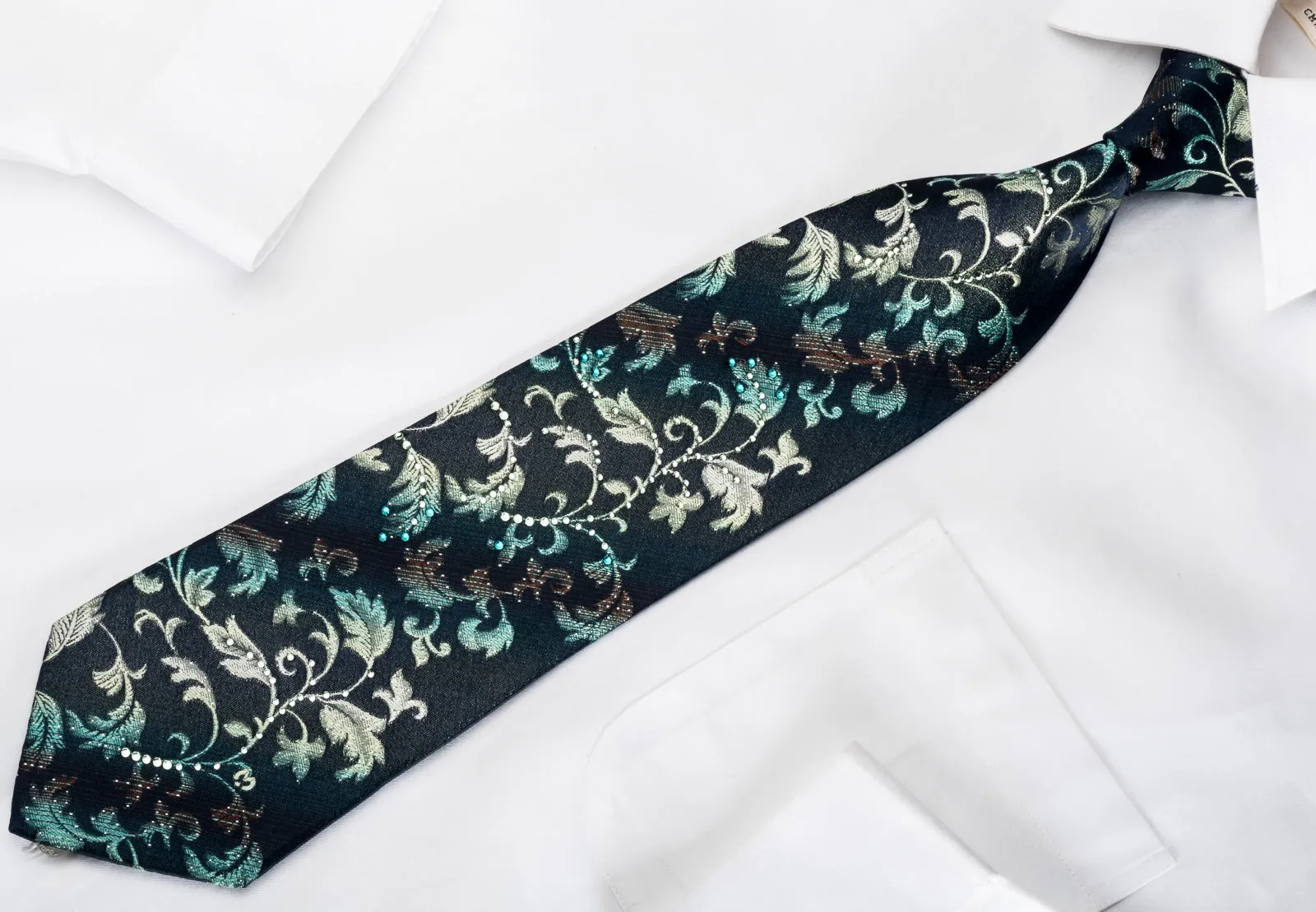 Mila Schon Rhinestone Necktie Teal Yellow Vines On Navy With Silver Sparkles