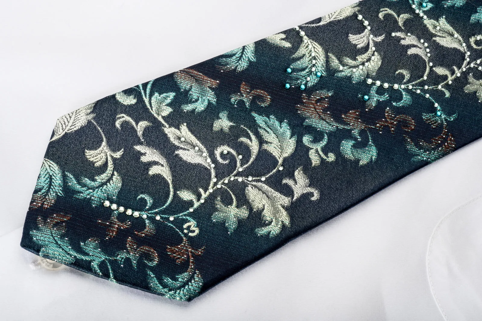 Mila Schon Rhinestone Necktie Teal Yellow Vines On Navy With Silver Sparkles