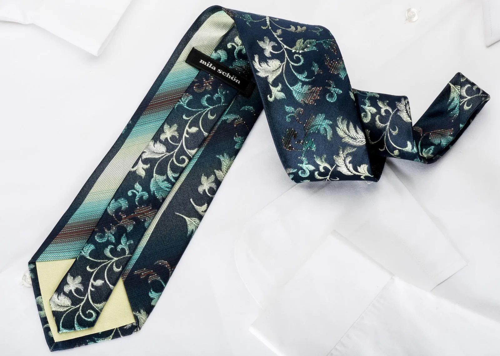 Mila Schon Rhinestone Necktie Teal Yellow Vines On Navy With Silver Sparkles