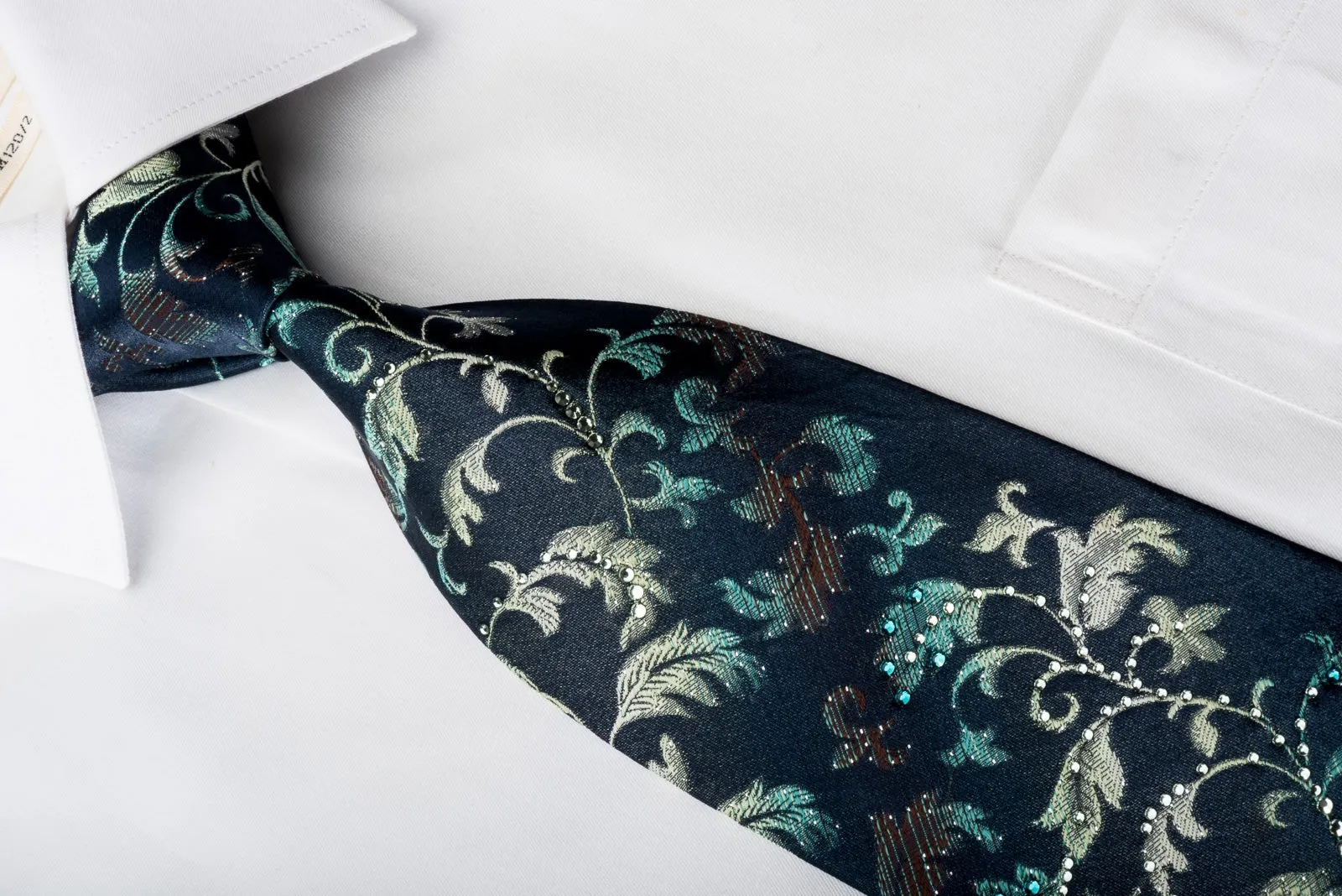Mila Schon Rhinestone Necktie Teal Yellow Vines On Navy With Silver Sparkles