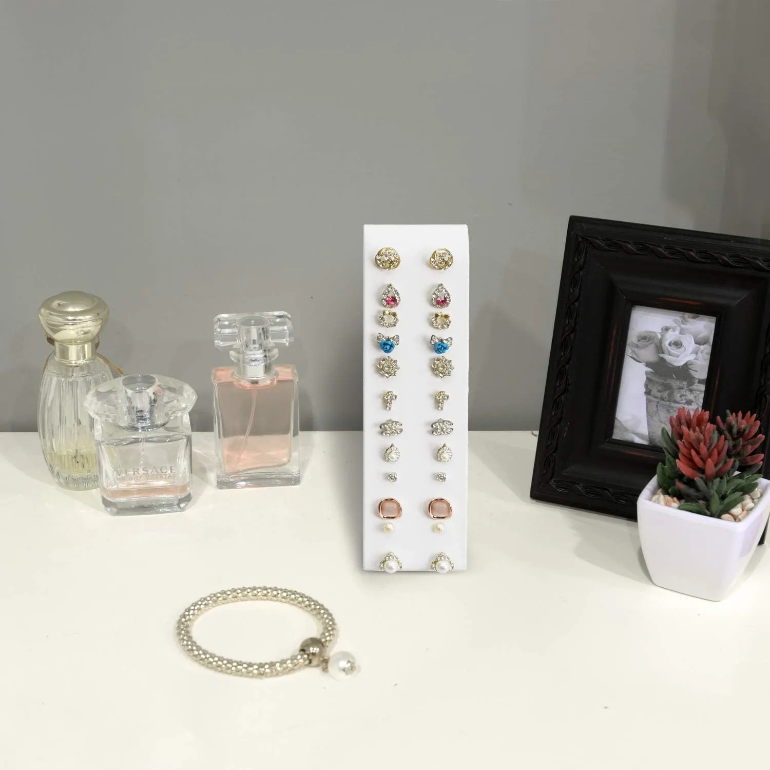 MOOCA Premium White Leatherette Adjustable Earring Display Stand Showcase Jewelry Stands for 12 Pairs of Earrings, White, 2 W x 2 7/8 D x 6 5/8 H in, White Faux Leather