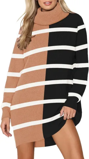 Pink Queen Women's 2024 Fall Oversized Sweater Dresses Turtleneck Long Sleeve Ribbed Pullover Knit Stripe Mini Dress
